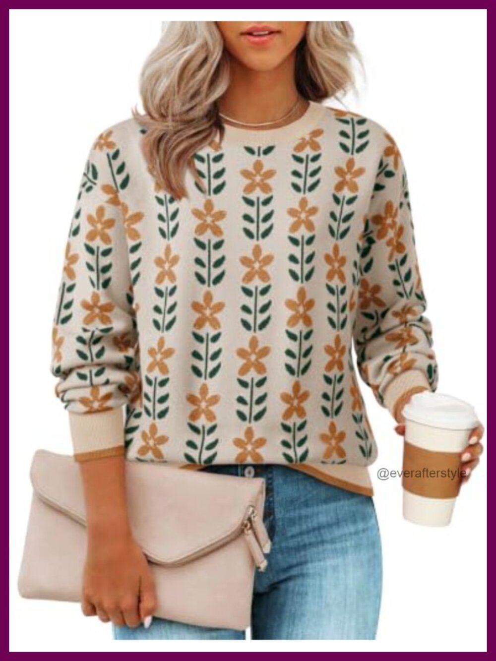 ZESICA Womens Long Sleeve Crewneck Floral Printed Knit Pullover Sweater